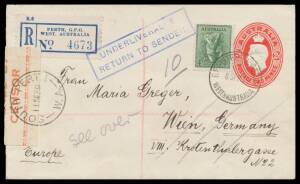 WWII Censors: WESTERN AUSTRALIA - PERTH: 1939 (Sep 8) usage of KGVI 2d Envelope uprated with 4d Koala paying 3d foreign rate to Austria + 3d registration, first-type fancy label with small 'OPENED BY/CENSOR' (39x10mm) in "pink" (Little #L5-1a) tied by 'SO