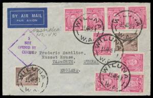 WWII Censors: WESTERN AUSTRALIA - PERTH: 1941 (June 11) commercial airmail cover with 'THE WILUNA GOLD MINES LIMITED' h/s on the flap, to Surrey with 6d x2 & 1/4d x8 paying 11/8d double Clipper rate, largely superb strike of the rare ' 5 /NOT/OPENED BY/CE