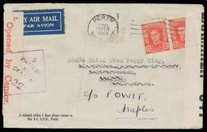 WWII Censors: WESTERN AUSTRALIA - PERTH: 1944 (Feb 14) Forces rate airmail cover with ' 5 /Opened by Censor' label (Little #L5-9b) tied by diamond cachet, to "Chief Wren Peggy King/...Algiers/North Africa" redirected to Italy, with British censor label. A