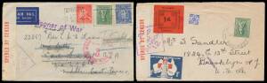 WWII Military: Batch of Neil Russell's pages with two covers to HMAS "Australia", Service Suspended covers to Java x2 & Singapore x2, HM Transport covers x5, airmail covers including three to the Middle East endorsed "Missing" or "POW", French PPCs of the