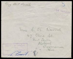 WWII Military: 1942 stampless cover to Hobart with small 'HM TRANSPORT' h/s - used aboard HMT "Westralia" or "Zealandia" - overstruck with light but obvious 'FIELD POST OFFICE/18JA42/ 071 ' - Ted Proud "NS" = Not Seen - in violet used at Koepang (East Tim