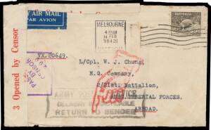 WWII Military: 1942 (Feb 14) airmail cover from Melbourne to a member of 2/21 Battalion with 'ARMY POSTAL SERVICE/ DELIVERY IMPRACTICABLE/...', minor blemishes. [LCpl William James Chung was a member of "Gull" Force comprising 1131 men who were transporte