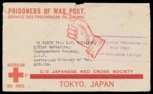 WWII Military: 1942 Red Cross envelope from WA to "Amboina" but with boxed 'CONTRAVENES PRISONERS OF/WAR POST/SEE ENCLOSED LEAFLET' cachet in violet & returned to sender, minor opening tears. [The leaflet is not enclosed. The most usual error was writing 