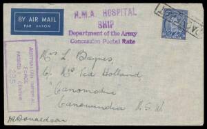 WWII Military: HOSPITAL SHIPS: British 'FIELD POST OFFICE/450' cds without date used by 2/3 Australian General Hospital aboard the "Stratheden" to Australia & to Scotland plus a very fine strike on piece, rubber 'HMA HOSPITAL/SHIP' used on "Nanunga" by ai