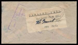 WWII Military: THURSDAY ISLAND: 1942 airmail cover to Sydney with superb strike of the rare ' 1/1 /PASSED/BY/CENSOR/ 1 ' cachet in blue, the stamps washed-off, roneo'd 'DAMAGED MAIL/SALVAGED FROM SEA/["signature"] Sgt/FPO 0101' label tied to the reverse b