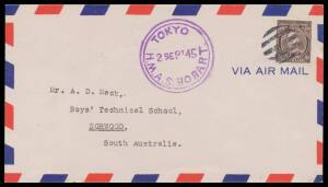 WWII Military: 1945 (Sep 2) JAPANESE SURRENDER (VJ DAY): commercial mail from HMAS "Shropshire" x2, "Warramunga" & "Hobart" x3 with all different woodcut cancels/ cachets & all by air to Australia x4 (one endorsed "Home before this arrived") or England x2