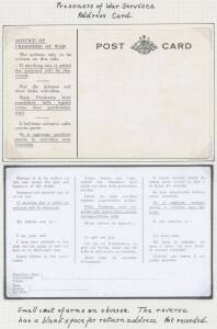 WWII POW Mail: Stampless Official Postal Cards with printed advices in English German & Italian to be completed as advice of capture or receipt of parcel, comprising unused x3 & used to Germany x3 or Italy. Unusual lot. (7)