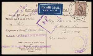 WWII POW Mail: YMCA CHRISTMAS GREETINGS POSTAL CARDS: 1942 Koalas with Text in Italian from Myrtleford with 'No 5 PW GROUP MYRTLEFORD' cachet on violet, by air to Italy with 6d Kookaburra added.