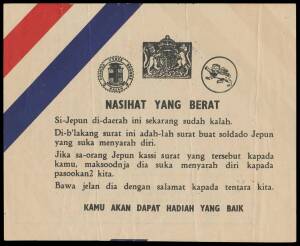 WWII POW Mail: PROPAGANDA LEAFLETS: All-different selection of Allied bilingual issues advising of the Japanese Surrender comprising dropped over Sham Shui Po Camp in Hong Kong in English/Japanese; dropped over Malaya in English/Japanese; dropped over Sar