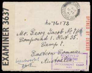 POW Camps NSW: HAY: Inwards mail comprising from Sydney, from GB where readdressed internally to Huyton Camp at Liverpool then to "Hay" in red pencil (with Committee for Refugee Members of the Legal Profession h/s on the flap & letter within), from USA wi