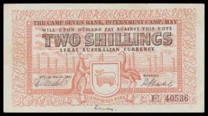 POW Camps NSW: HAY: BANKNOTES: 6d blue, 1/- green & 2/- red all with M Mendel/R Stahl signatures Campbell #1212a-1214a, minor blemishes, Renniks Cat $23,500 for VF. Ex Bob Emery. (3)