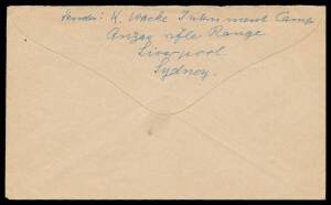 POW Camps NSW: LIVERPOOL (1): c.1940 undated cover endorsed ".../Anzac rifle Range/Liverpool" on the flap, to Queensland with superb '("RE Staple")/Lieutenant/Assistant Adjutant/Internment Camp' cachet & very fine boxed 'PASSED BY/CENSOR 4' h/s both in vi