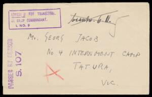 POW Camps NSW: LIVERPOOL (2): 1941 (Oct 10) plain notelope to "No 4 Internment Camp/Tatura Vic", undated local cover-front (with 'INTERNEE SERVICE' h/s), 1945 (Oct 10) plain notelope to Italy, & 1946 (Sep) Postal Card & 1946 (Oct 7) 6d Airmail Postal Card