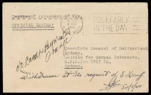 POW Camps NSW: ORANGE (1): 1940 (Aug) two covers to Sydney both endorsed "Internment Camp Orange" on the flaps, one with Sydney censor's h/s, the other endorsed "Withdrawn at the request of [the sender]" (which was permitted on payment of a fee). Unusual