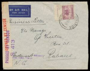 POW Camps NSW: ORANGE (1): 1940 (Aug 7) cover with '("S Anderson Lt") Adjutant/Internment Camp Orange' h/s in violet at L/L, by air to Rabaul New Guinea with part-imprint 5d Ram tied by 'ORANGE' cds. [Flown per Carpenter Airways. The sender was a merchan