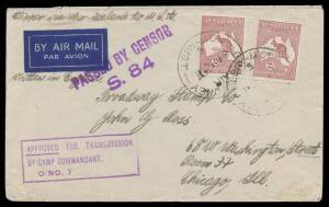 POW Camps NSW: ORANGE (2): 1941 unprinted part-notelope to GB, and airmail "Clipper" covers to Chicago at 4/- rate & to London at 5/10d rate, all with boxed 'APPROVED.../.../O NO 7' cachet in violet; plain cover front to Sydney with '...Adjutant/Internmen