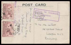 POW Camps NSW: ORANGE (2): 1941 (July 28) plain postcard with boxed 'APPROVED.../.../O NO 7' cachet in violet by air to GB with Hermes 1/6d pair tied by Sydney cds & light Sydney censor h/s both in violet, reinforced vertical fold. Rare postcard rate, bei