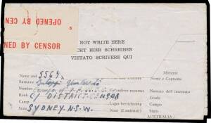 POW Camps NSW: ORANGE (2): 1944 (May 23) usage of printed notelope with error 'Gefanderer-' for 'Gefangenen' on the reverse Bakker Type 6.1, endorsed "Campo No 9 PWCC" on the reverse, to Italy with superb 'PASSED FREE/OF POSTAGE' cachet in violet & 'ORANG