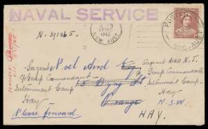 POW Camps NSW: ORANGE (2): INWARDS MAIL: 1942 cover with huge 'NAVAL SERVICE' h/s & endorsed "Censored [signature]/OIC NSS WP" (= Naval Signal Station, Wilson's Promontory) with 1d brown tied by 'FOSTER' cds, to Orange from where forwarded to Hay Camp. [T