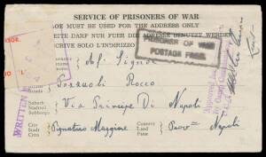 POW Camps Qld: GAYTHORNE: 1941-45 group to Italy comprising Red Shield Huts cover with boxed 'PRISONER OF WAR/ POSTAGE FREE' & 'Internment Camp/1st Military District' cachets in violet, with the enclosed letter datelined "1940"; five notelopes with three 