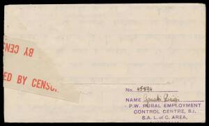 POW Camps SA: PRISONER OF WAR CONTROL CENTRES: Printed notelopes 1942 endorsed "No 5 POW Labour Detachment" (Mount Gambier?, but Sybrand Bakker states Mount Gambier opened only in 1944) on the flap, and 1945 x4 with 'PW RURAL EMPLOYMENT CONTROL CENTRE S1'