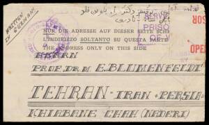 POW Camps SA: BARMERA: 1941 (Jan 7) printed notelope from a chemist at the Camp 14D Hospital, to Iran with elaborate address in English & Farsi (?), Indian-pattern 'P/2' censor h/s overstruck with 'ANGLO-SOVIET-PERSIAN/CENSORSHIP' cachet both in violet. A