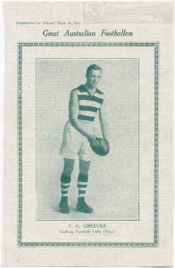 1924 Pals "Great Australian Footballers supplements", part set [3/8] - Carji Greeves (Geelong), Albert Chadwick (Melbourne) & Dan Moriarty (South Adelaide). G/VG.