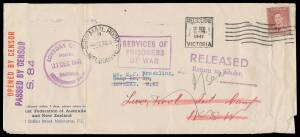 POW Camps SA: BARMERA: Inwards mail 1) from Zionist Federation in Melbourne to "Camp No 10" with Loveday cds in violet & forwarded to "Liverpool Int Camp/NSW" with superb 'RELEASED/Return to Sender/...' cachet, Ex Phil Collas; 2) stampless from Germany to