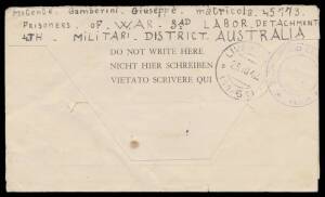 POW Camps SA: COOK: 1942 printed notelope to Italy endorsed "3rd Labour Detachment/..." on the flap, Adelaide censor h/s in violet, Italian censor & arrival b/s, flap reattached. Rare. Open March-Oct 1942 only. [Cook is a hamlet on the Nullabor Plain, abo