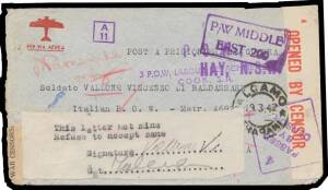 POW Camps SA: COOK: 1942 stampless POW cover from Sicily with British Middle East censor label & cachet in violet, directed to South Australia with rare '3 POW LABOUR DETACHMENT/COOK SA' h/s overstruck with 'POW/HAY NSW' h/s also in violet, roneo'd "This 