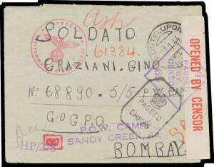 POW Camps SA: SANDY CREEK: 1944 two stampless POW covers from Italy - one with German Occupation censor h/s in rosine - to Italian POWs in India both forwarded to South Australia & each with very fine 'POW CAMP/SANDY CREEK SA' cachet in violet. (2)