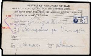 POW Camps Tas: BRIGHTON: 1944 1/- Airmail Notelope to Italy endorsed on reverse "18 POW Brighton Tas" & processed through Launceston with scarce 6/1 censor label - damaged on opening - & cachet, Melbourne transit d/s of 20OCT/1944 (most unusually with the