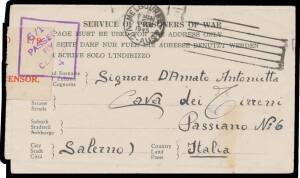 POW Camps Tas: BRIGHTON: 1945 printed notelope endorsed "18 WCCT2 Brighton" on the reverse, to Italy again processed through Launceston with scarce 6/1 censor label - damaged on opening - & cachet, Melbourne transit d/s of 1JUN/1945, minor blemishes.