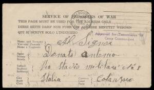 POW Camps Tas: BRIGHTON: 1946 uncensored printed notelope to Italy with superb strike of the rare 'Approved for Transmission by/Camp Commandant' h/s in violet, Melbourne transit d/s of 14JAN/1946, minor blemishes. [Censorship ceased at the end of the war]