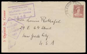 POW Camps Vic: CAMP PELL: Group comprising 1942 (Sep 1) 1d Postal Card with 'MIL PO CAULFIELD' cds to Tatura No 2 Camp with message "...expect to stay here until we have been completely fitted out...after which we shall move to Royal Park...[they] boast a