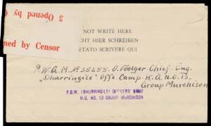 POW Camps Vic: DHURRINGILE: 1940 (Sep) cover to Sydney endorsed "Dhurringile Camp/Tatura"; printed notelopes to Germany x2 (both by air, one from a "Kormoran" survivor) or USA x2 (one from the POW Camp Cammander Theodor Detmers who had been captain of the