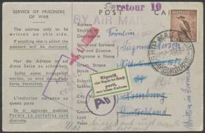 POW Camps Vic: DHURRINGILE: 1943 (Sep 26) Postal Card by air with 6d Kooka added to Germany, various redirections & handstamps plus German/French label that translates as "Gone/without leaving address". Ex Phil Collas. [A poignant reminder of the brutal A