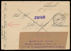 POW Camps Vic: GRAYTOWN: Three covers to Marine Lance-Corporal Josef Pullmann 1) May 1941 to "Feldpost M26823", the naval address for the "Kormoran", with 'zuruck' (= return) h/s on reverse; 2) Oct 1941 with 'zuruck' h/s & 3-line h/s that translates "Furt