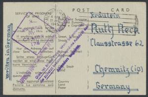 POW Camps Vic: MURCHISON: 1945 stampless Postal Card endorsed "Graytown, near Nagambie" on reverse with superb 'MURCHISON PW GROUP' cachet in violet alongside, to Germany with very fine strike of cachet in German that translates as 'This is old mail. If y