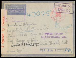 POW Camps Vic: MURCHISON: Inwards mail from Germany or Italy a few with Middle East censorship, several addressed directly to Murchison but all with 'POW CAMP/MURCHISON' x5 or 'POW/MURCHISON' cachet x4 (two variants), mostly by air, four with the original