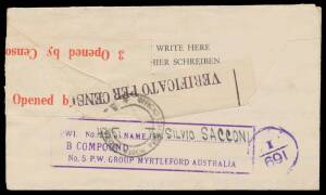 POW Camps Vic: MYRTLEFORD: Batch of mostly printed notelopes from No 5 POW Camp most identified as from A Compound or B Compound, to Italy with various cachets including a few huge boxed types, usages by air including 6d Airmail Postal Card x3, 1/- Airmai