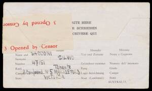 POW Camps Vic: MYRTLEFORD: 1943 (Dec 13) usage of 1/- Airmail Notelope with error 'Gefanderer-' for 'Gefangenen-' on the reverse Bakker Type 7.1, 'APPROVED.../No 5 PW Camp Myrtleford' cachet in violet & 'MIL PO MYRTLEFORD' cds. Rare.