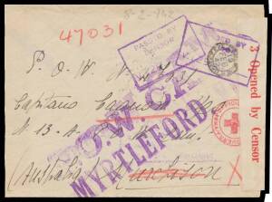 POW Camps Vic: MYRTLEFORD: Inwards covers from Italy with a good range of forms including airmail & Red Cross postcards, some with Middle East censorship, mostly correctly addressed but most nonetheless with 'POW CAMP/MYRTLEFORD VIC' cachet added (one of 