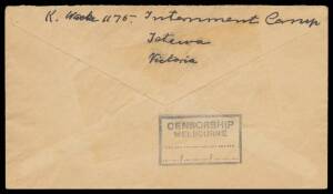 POW Camps Vic: TATURA No 1: c.1939 undated cover to Queensland with boxed POW cachet of the camp plus boxed 'PASSED BY/CENSOR/ V64...' h/s applied at Melbourne & the very rare boxed 'CENSORSHIP/MELBOURNE' cachet on the reverse, a little aged. The backstam