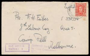 POW Camps Vic: TATURA No 2: 1942 POW cover but paid 2Â½d to "8th Labour Coy/Camp Pell" with boxed 'PAY OFFICE/TATURA 2' cachet, undated covers to Canada & Ecuador (!), several airmail usages to USA Britian Germany or Switzerland at various rates, etc, als