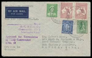 POW Camps Vic: TATURA No 2: 1941 (Nov 19) cover with the rare '.../Major/OC, B Company/Commanding No 2/Internment Camp', to a tobacco company in Cuba (!!) by air at 4/8d rate with Melbourne cds plus censor labl & cachet on reverse, Havana arrival slogan -