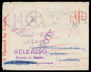 POW Camps Vic: TATURA No 2: Inwards mail mostly from Great Britain & United States but including items from Germany, Switzerland, Palestine & South Africa, several with 'INTERNMENT CAMP/TATURA VIC' cachet, one from GB with stamp removed by the censor & su