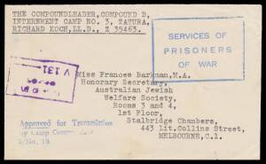 POW Camps Vic: TATURA No 3 & No 4: Batch including from the sub-camps comprising from Camp No 3 x11, one with 'CAMP PAYMASTER No 3 CAMP/...' cachet & July 1941 from Singapore; No 3A x2; No 3B x4 including surface to England censored in Germany (!!); No 3C