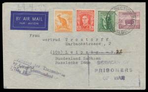 POW Camps Vic: TATURA No 3 & No 4: 1947 (July & Aug) airmail covers from German internees at Camp No 3, at 1/- rate with 3- or 4-colour frankings, both with POW & 'Approved for Transmission/...' cachets. Extremely late usages. [The National Archives websi