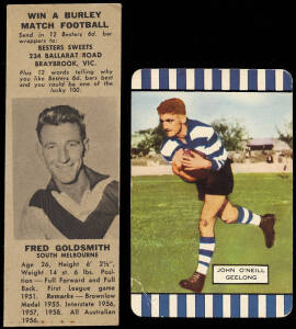 1929-59 football cards, noted 1929 Griffiths Brothers (Black Crow Cough Drops) "Griffiths Football Series" [1/210 known] - No.13 D.Withers (Hawthorn); 1955 Coles "Footballers - Series 3" [2/56] - John O'Neill (Geelong) & Norman Sharp (Geel); 1959 Besters 